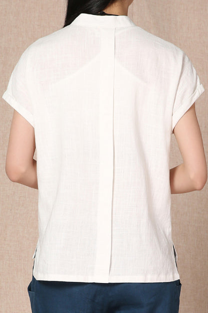 White Linen Cotton Shirt Top - Short Sleeve, Pocket Detail 3685