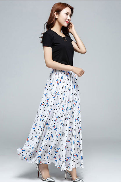 Printed Chiffon Maxi Skirt - Elastic Waist, Swing Silhouette 3608