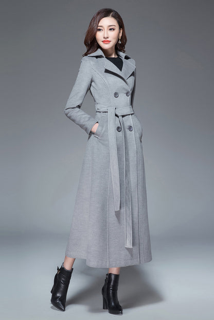 Handmade Light Gray Wool Coat – Elegant Double-Breasted Belted Long Overcoat | Xiaolizi 3985