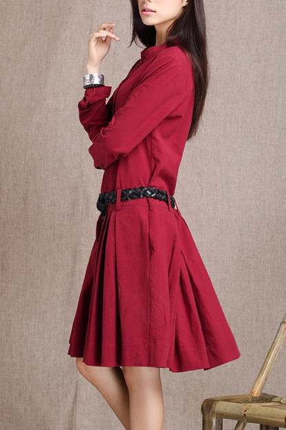 Navy Cotton Linen Midi Dress - Button-Up with Side Pockets 3682