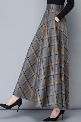 Plaid Wool Maxi Skirt - Ankle-Length with Stretch Waist 3914