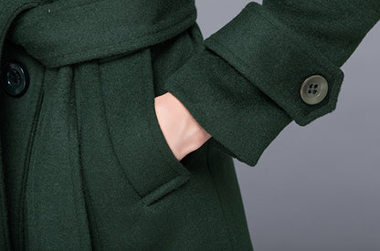 Handmade Dark Green Wool Coat – Double Breasted Military Long Overcoat | Xiaolizi 2452