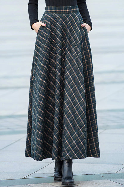 Black & Brown Plaid Wool A-Line Skirt - Ankle Length with Pockets 3917