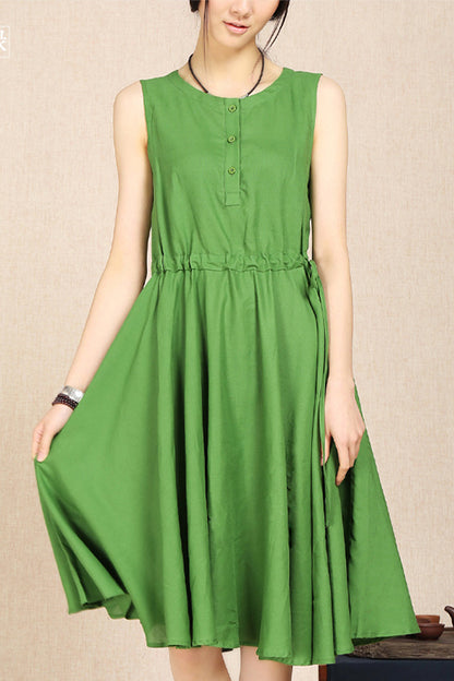 Light Blue Cotton Linen Dress - Sleeveless Flowy with Round Neck 3689