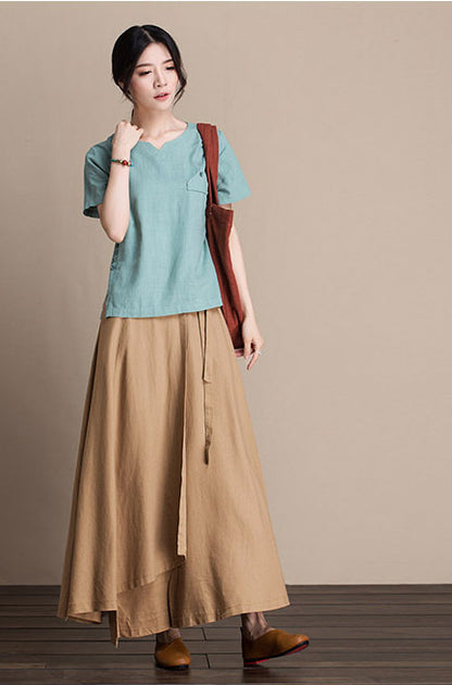 Black Cotton and Linen Midi Skirt - A-Line Silhouette with High Waist J084-5