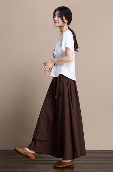 Black Cotton and Linen Midi Skirt - A-Line Silhouette with High Waist J084-5