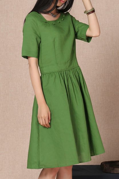 Burgundy Cotton Linen Dress - Short Sleeve, Gathered Waist 3690