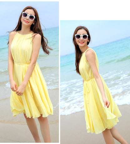 Yellow Chiffon Dress - Sleeveless Swing Silhouette 2948