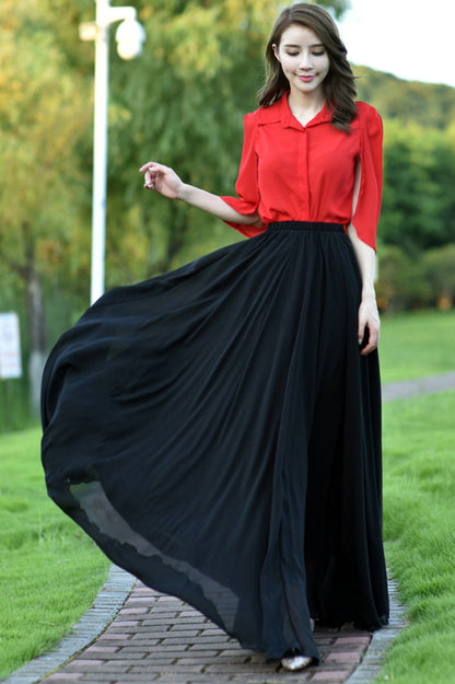 Chiffon Pleated Maxi Skirt - Elastic Waist, Lined | Xiaolizi 3505