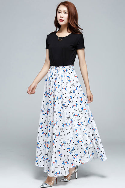 Printed Chiffon Maxi Skirt - Elastic Waist, Swing Silhouette 3608