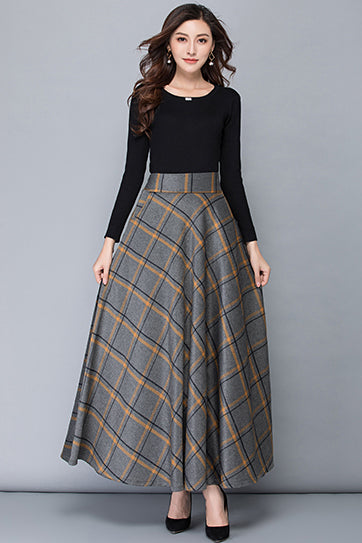 Plaid Wool Maxi Skirt - Ankle-Length with Stretch Waist 3914