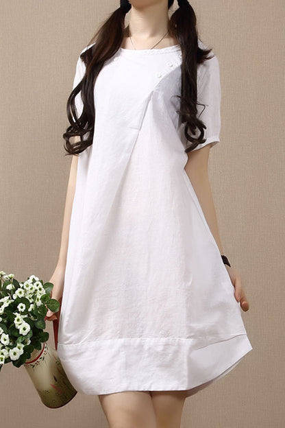 White Cotton Linen Short Sleeve Dress - Loose Fit, Round Neck 3683