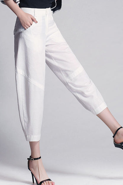 White Linen Wide Leg Pants - Casual Comfort with Front Pockets 3527