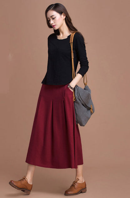 Red Linen Skirt - Vintage A-Line High Waist Pleated Detail J084-8