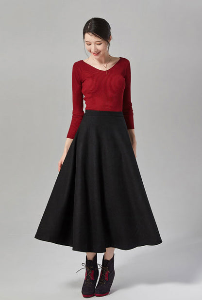 Plaid Wool Maxi Skirt - High Waist Flowy Autumn Essential J104