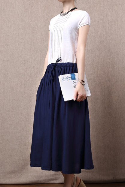 New Cotton Linen Round Neck Summer Midi Dress 3688