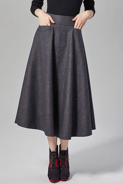 Plaid Wool Midi Skirt - High Waist with Pockets J107