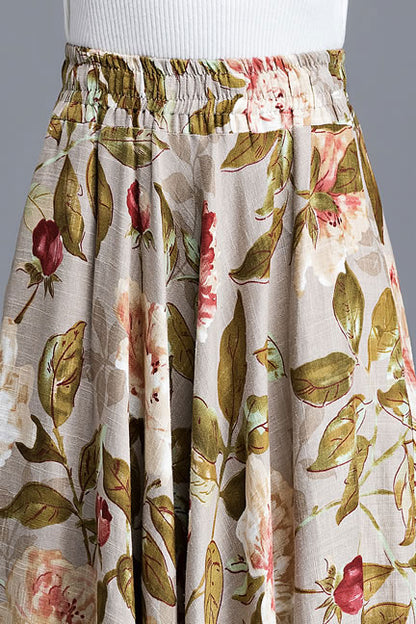 Beige Floral Linen Maxi Skirt - Pleated High Waist Swing Silhouette 3609