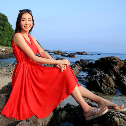 Red Chiffon Midi Dress - Sleeveless V-Neck Loose Fit 2947
