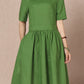 Summer Pure Color Short Sleeve Cotton Linen Dress 3690