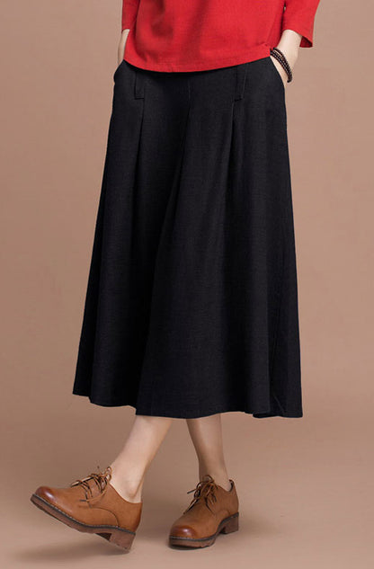 Red Linen Skirt - Vintage A-Line High Waist Pleated Detail J084-8