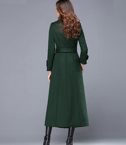 Handmade Dark Green Wool Coat – Double Breasted Military Long Overcoat | Xiaolizi 2452