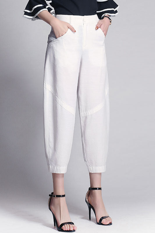 White Linen Wide Leg Pants - Casual Comfort with Front Pockets 3527