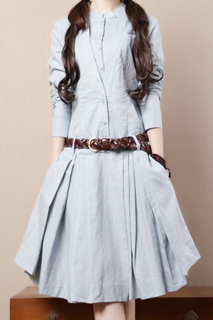 Light Blue Linen Dress - Long Sleeve with Front Button Closure 3681