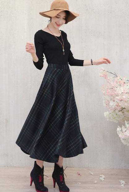 Plaid Wool Midi A-Line Skirt with Pockets - High Waist Autumn Essential J103