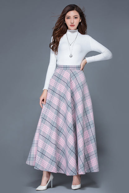 Plaid Wool Blend Maxi Skirt – A-Line Ankle Length Skirt with Pockets 3935