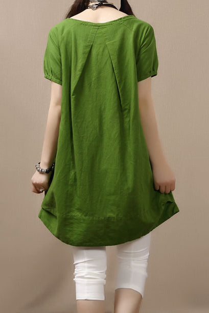 White Cotton Linen Short Sleeve Dress - Loose Fit, Round Neck 3683
