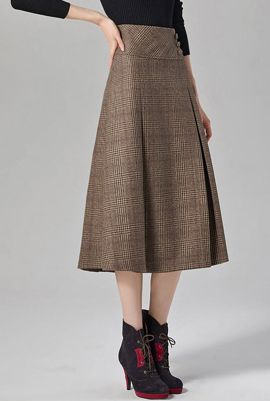 Vintage wool mid-calf  plaid A-line skirt for autumn J101