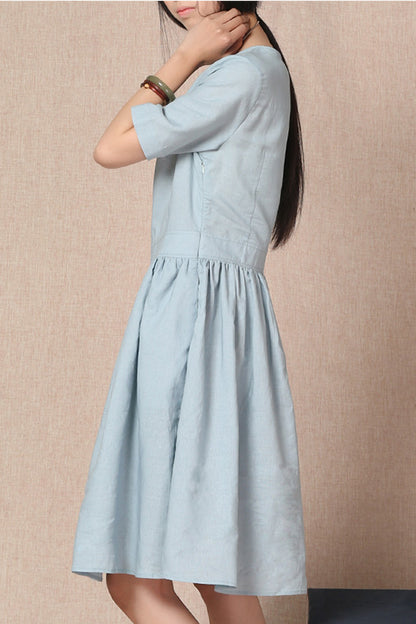 Burgundy Cotton Linen Dress - Short Sleeve, Gathered Waist 3690