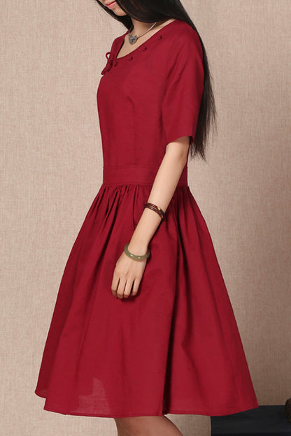 Burgundy Cotton Linen Dress - Short Sleeve, Gathered Waist 3690