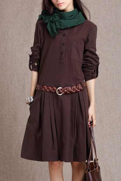 Navy Cotton Linen Midi Dress - Button-Up with Side Pockets 3682