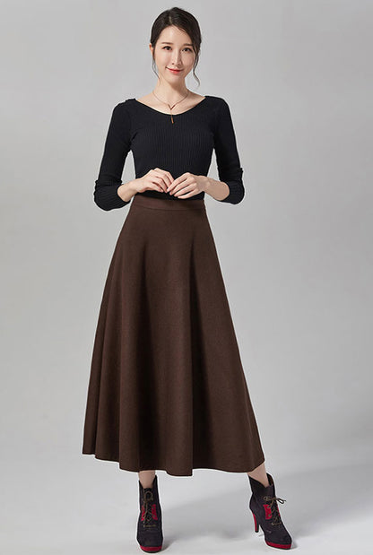 Plaid Wool Maxi Skirt - High Waist Flowy Autumn Essential J104