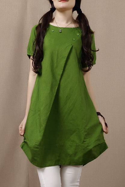 White Cotton Linen Short Sleeve Dress - Loose Fit, Round Neck 3683