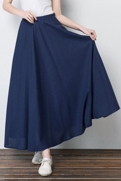 Navy Linen Blend Maxi Skirt - Pleated, Elastic Waist 4101