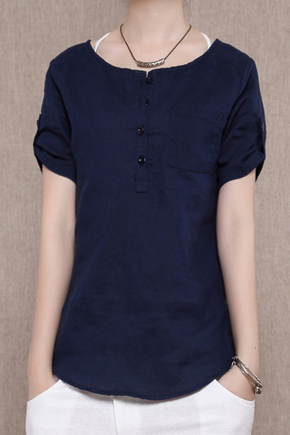 White Cotton Linen Shirt - Loose Fit Casual Top with Pocket 3684
