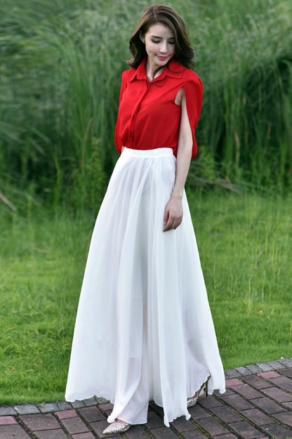 Chiffon Pleated Maxi Skirt - Elastic Waist, Lined | Xiaolizi 3505