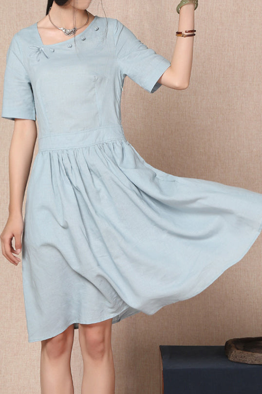 Summer Pure Color Short Sleeve Cotton Linen Dress 3690