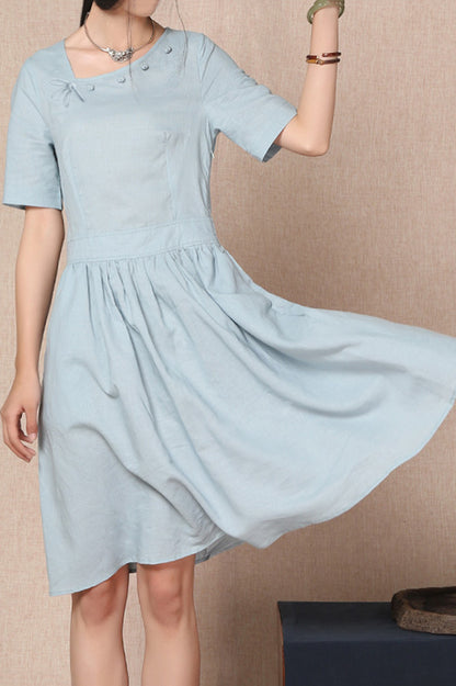 Burgundy Cotton Linen Dress - Short Sleeve, Gathered Waist 3690