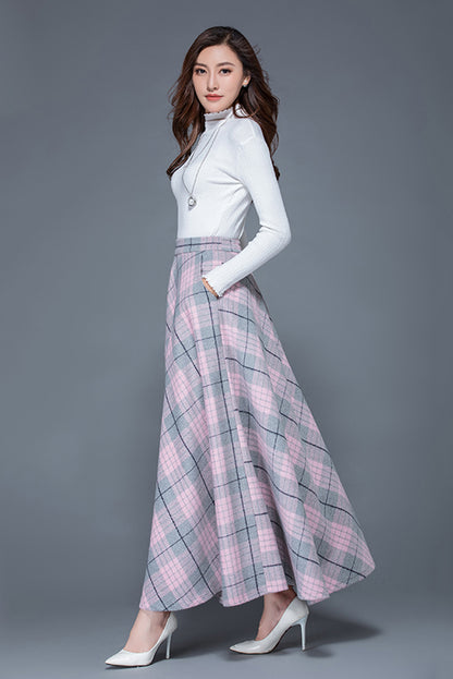 Plaid Wool Blend Maxi Skirt – A-Line Ankle Length Skirt with Pockets 3935