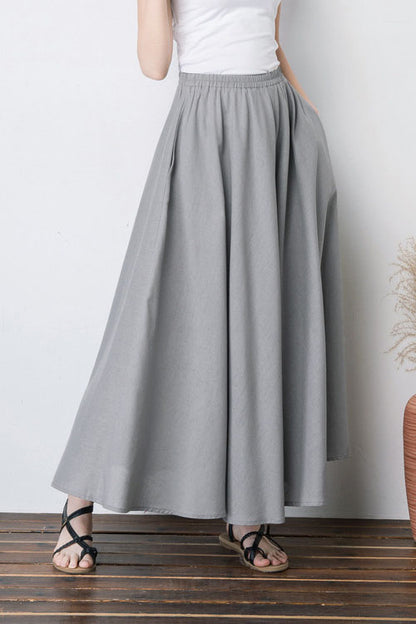 Navy Linen Blend Maxi Skirt - Pleated, Elastic Waist 4101