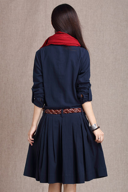 Navy Cotton Linen Midi Dress - Button-Up with Side Pockets 3682