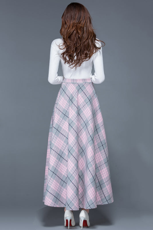 Women Pink Plaid Wool Skirt 3935