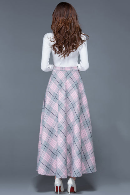 Plaid Wool Blend Maxi Skirt – A-Line Ankle Length Skirt with Pockets 3935