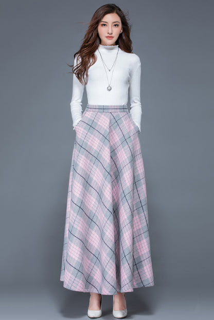 Plaid Wool Blend Maxi Skirt – A-Line Ankle Length Skirt with Pockets 3935