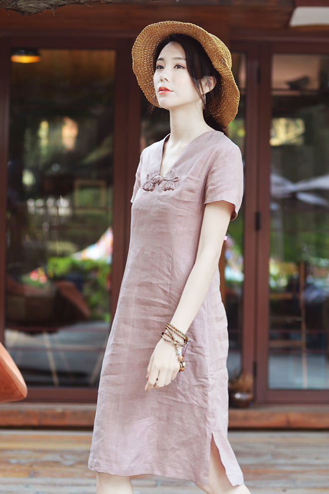 Summer Women Vintage Inspired Solid Color Linen Dress 3680