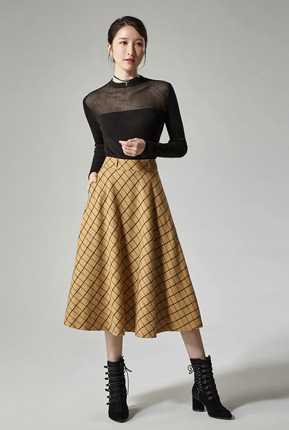 Blue Wool Midi Skirt - High Waist Plaid A-Line Silhouette J115